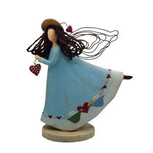 Angel Figuine Russ Berrie Country Gatherings Wire Wings Brown Yarn Hair Heart